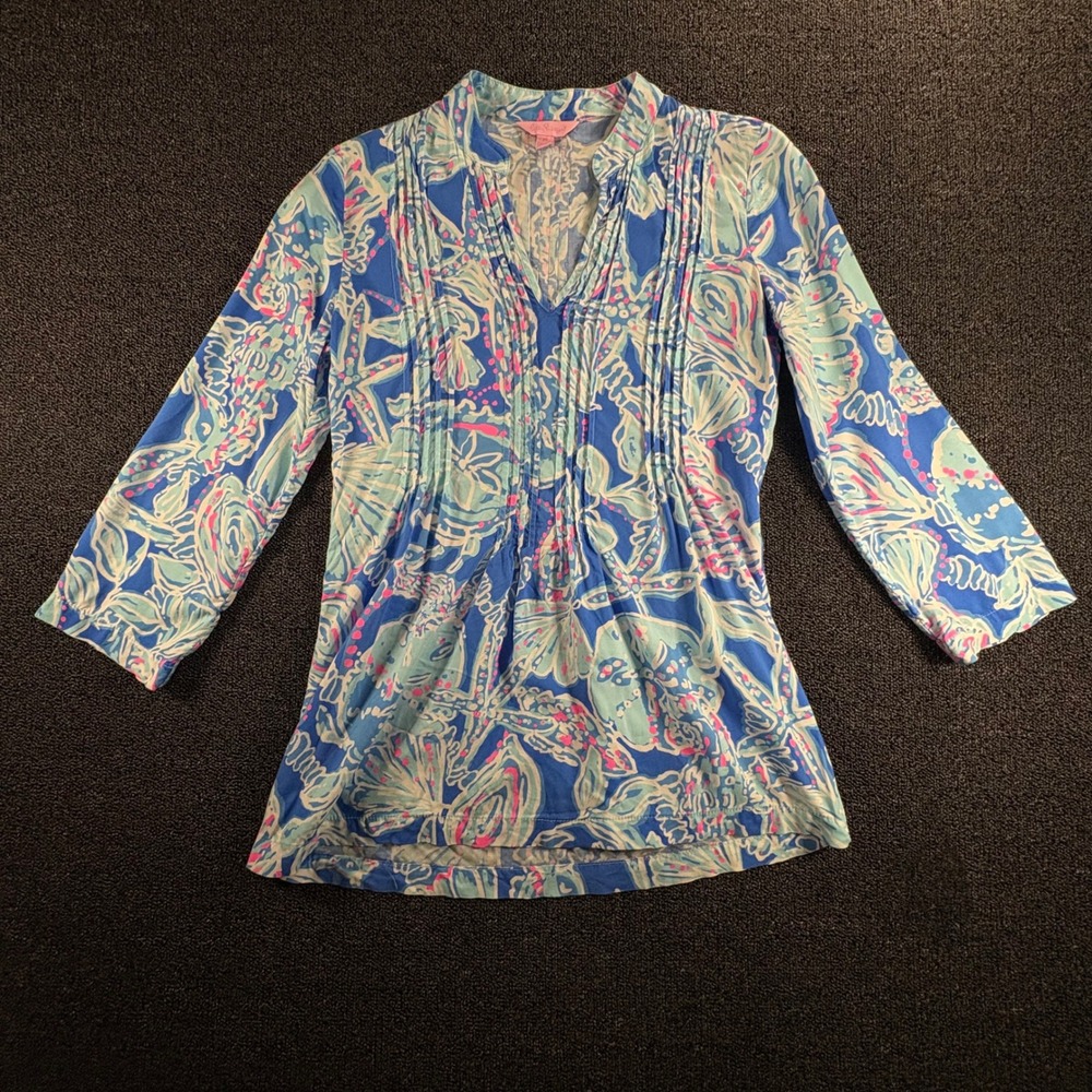 Lilly Pulitzer Blue Shell Starfish Print‎ Womens XS Pintuck Rayon Tunic Top
